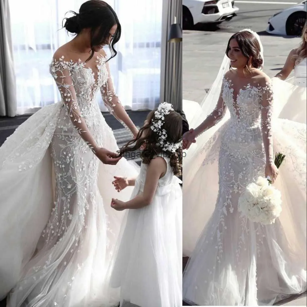 2023 Sexy Luxury Mermaid Wedding Dresses Jewel Neck Long Sleeves Illusion Lace Appliques Tulle Detachable Train Overskirts Formal Bridal Gowns Plus Size