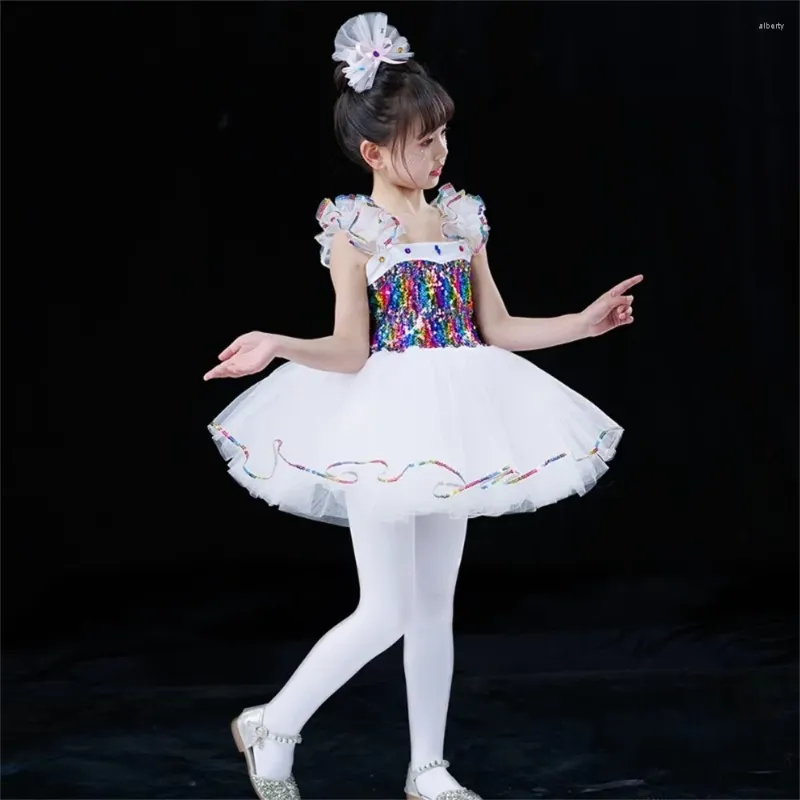 Perfection de ballet de paillettes coloré pour enfants robe de danse de danse de la fille de la fille Rainbow Tutu Jupe blanche princesse blanche