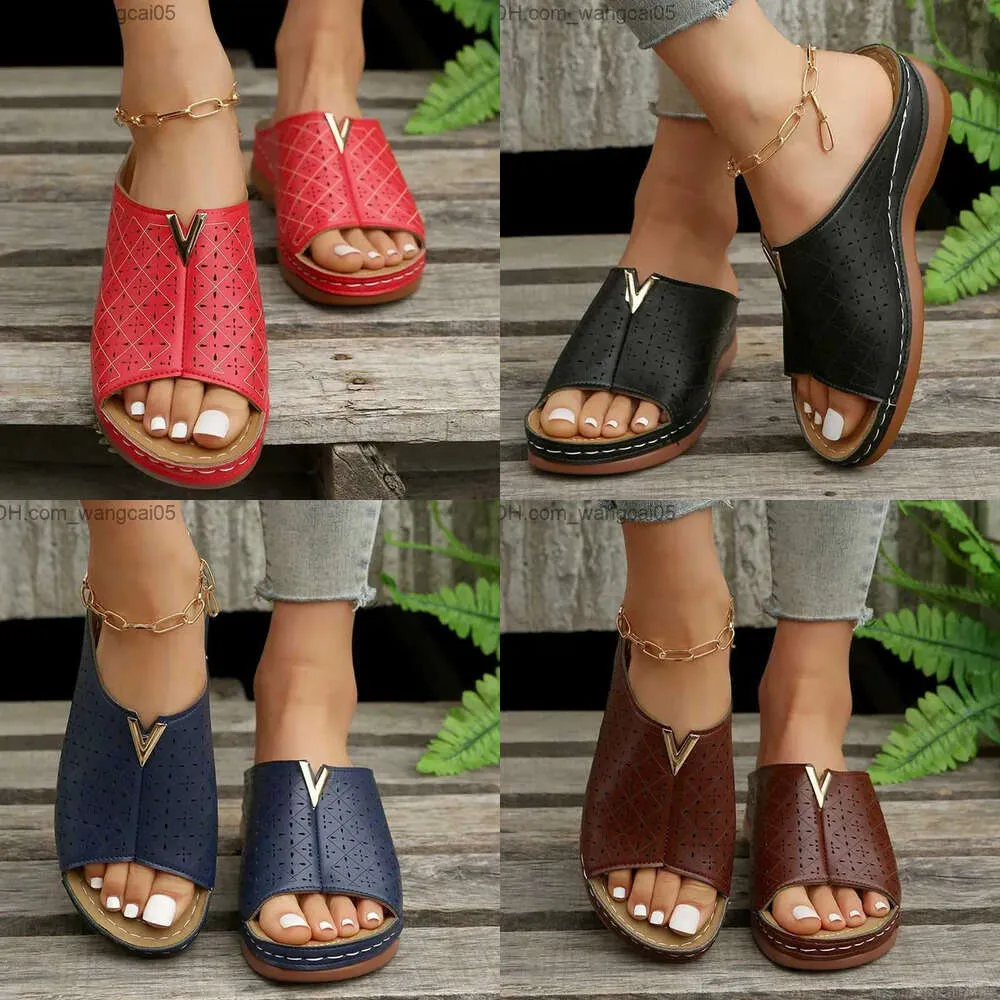 Wedge Women Sandals Sandals Summer 2023 platforma retro pusta na zewnątrz kapcie pu skóra Mujer plażowe klapki klapki plus rozmiar T230711 drzwi