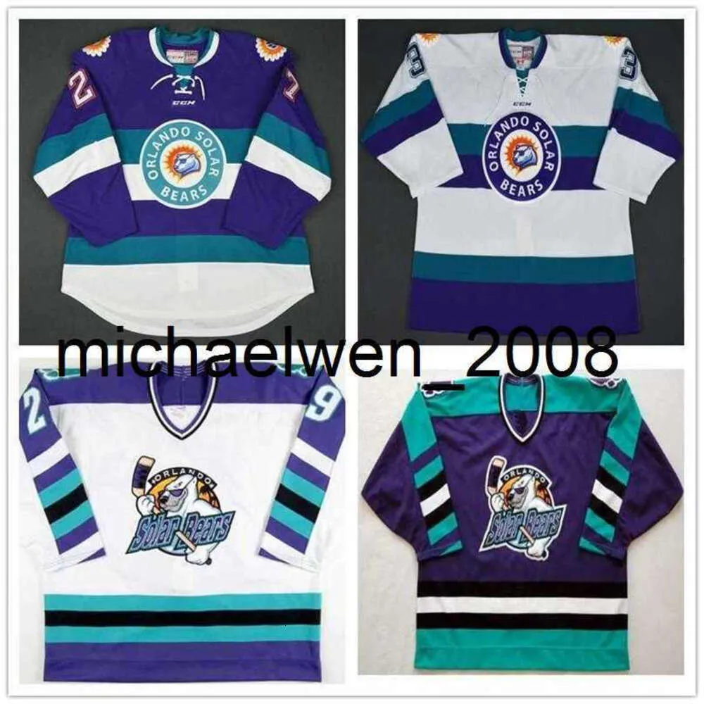 Kob Weng Cusotm Vintage ECHL Orlando Solar Bears 27 Eric Faille 29 David Bell 3 Carl Nielsen Hockey Jersey gestikt geborduurd elke naam uw nummer