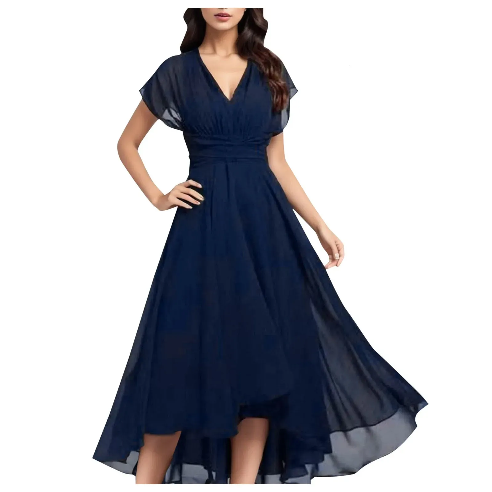 Elegant V-Neck Chiffon dress for Women - Perfect for Weddings, Parties, and Bridesmaids - Slim Fit with Flutter Sheer Sleeves - Style 240921