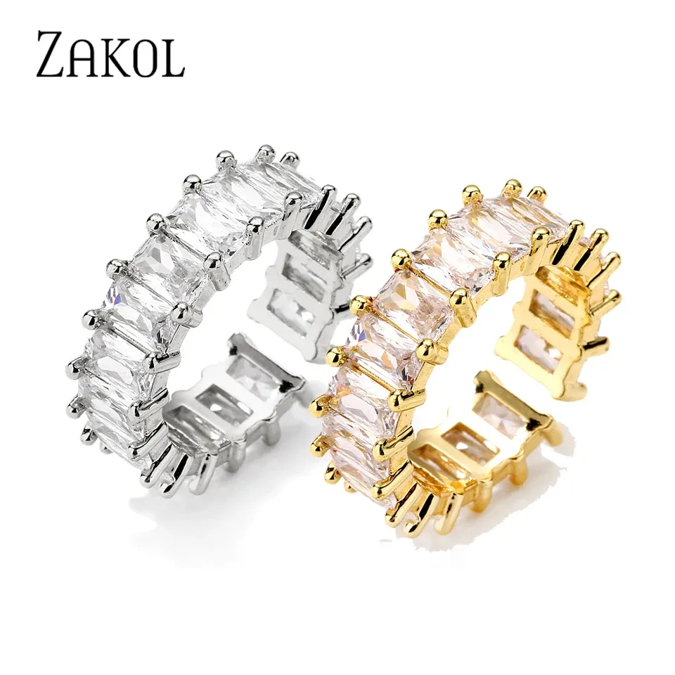 Band Zakol Luxury Rectangle Cubic Zirconia Open Rings for Women White Gold Color Fashion Party Jewellery