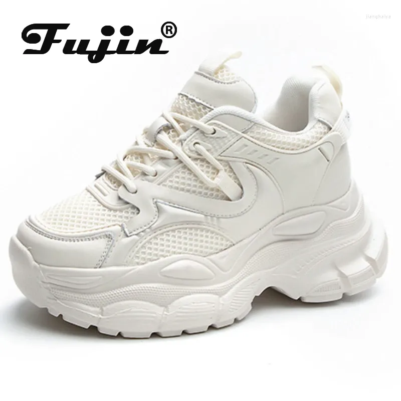 أحذية غير رسمية Fujin 5.5 سم شبكة جلدية حقيقية منصة جلدية ويدج في الكاحل التزلج على الجليد