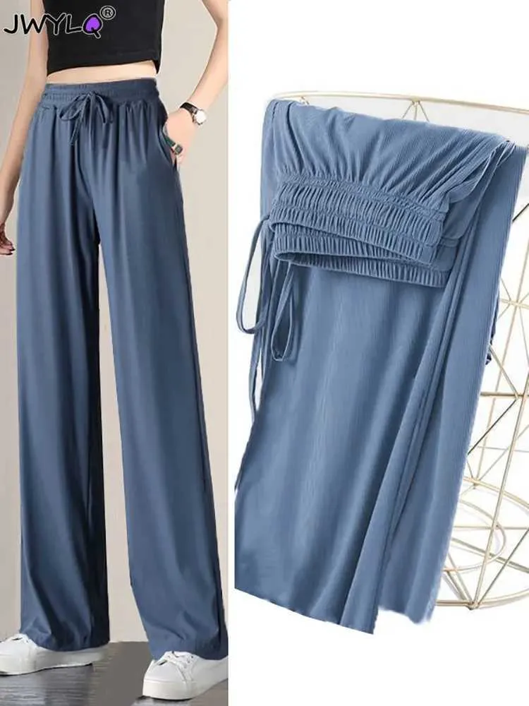 Frauen Jeans Casual Drawess Taille Wide Leghose für Frauen Frühling Sommer hoher Taille Lose Long Hosen Koreanisch Feste Farbhose Y240422
