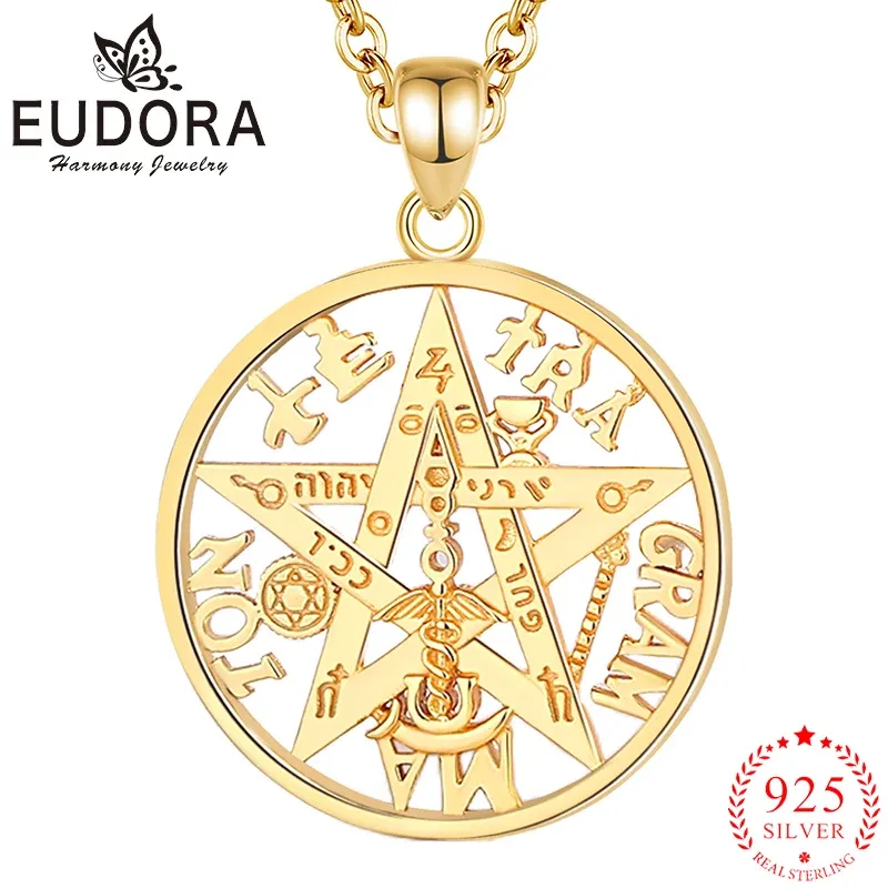 Naszyjniki Eudora Nowa 925 srebrna pentagram amulet naszyjnik 18K Gold Tetragrammaton wisiorek dla mężczyzny kobiet biżuteria