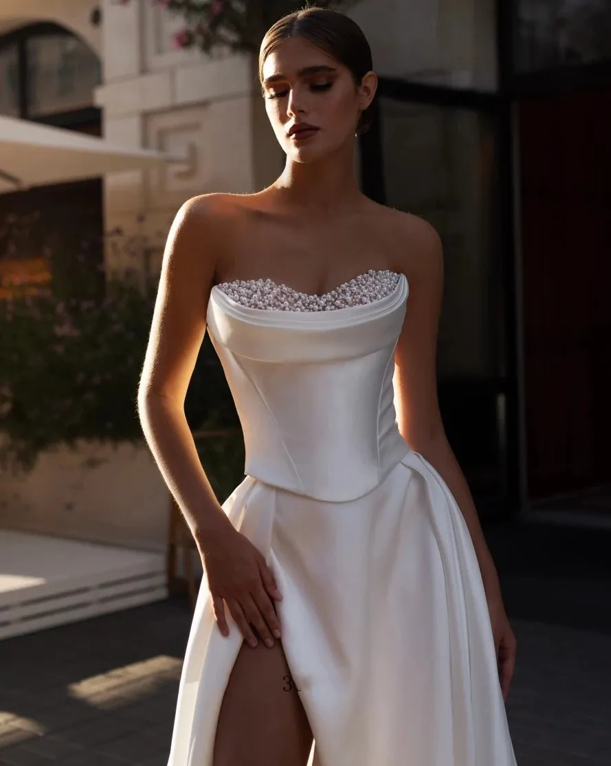 Abito Da Sposa In Raso A Line Con Perle Di Perle A Cuore Scheda A
