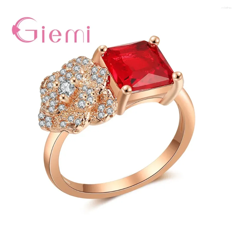 Anillos de racimo de moda anillo de boda de color de oro rosa para mujeres pavimento de cristal rojo elegante anel anel anillo regalos joyas