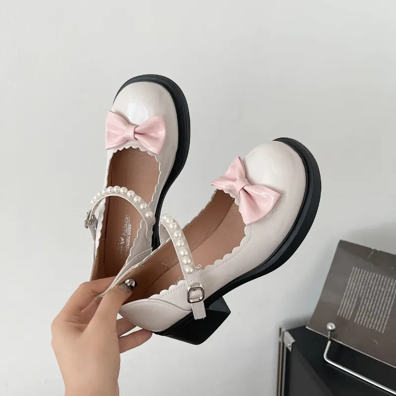 Casual Shoes Chunky Heel Kvinnor Spring Autumn Mid-heel läder runda huvud JK Uniform College Style Pink Bow Mary Jane