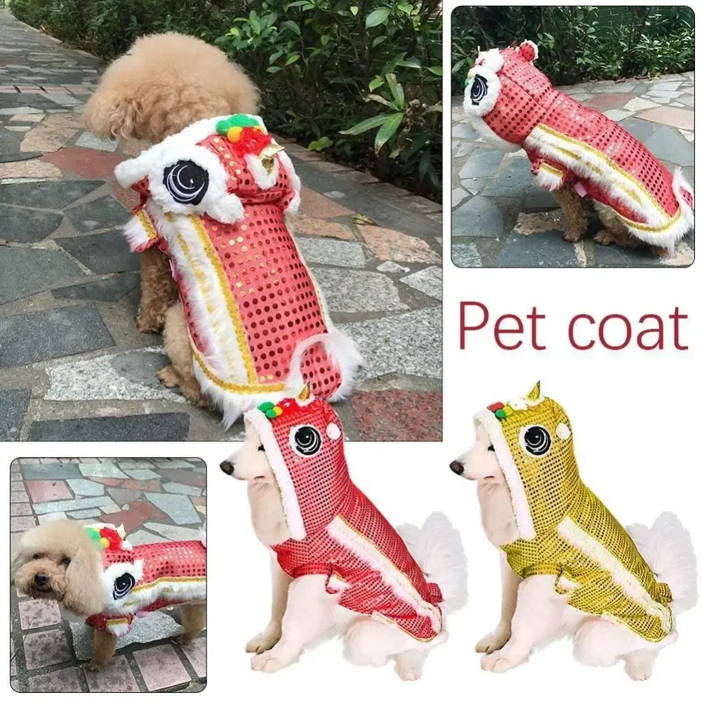 Sets stoffen dans Lion Dragon Pet kostuum Nieuw schattig Red Red Pet Tang Suit kleding Gold Pet Warm Coat