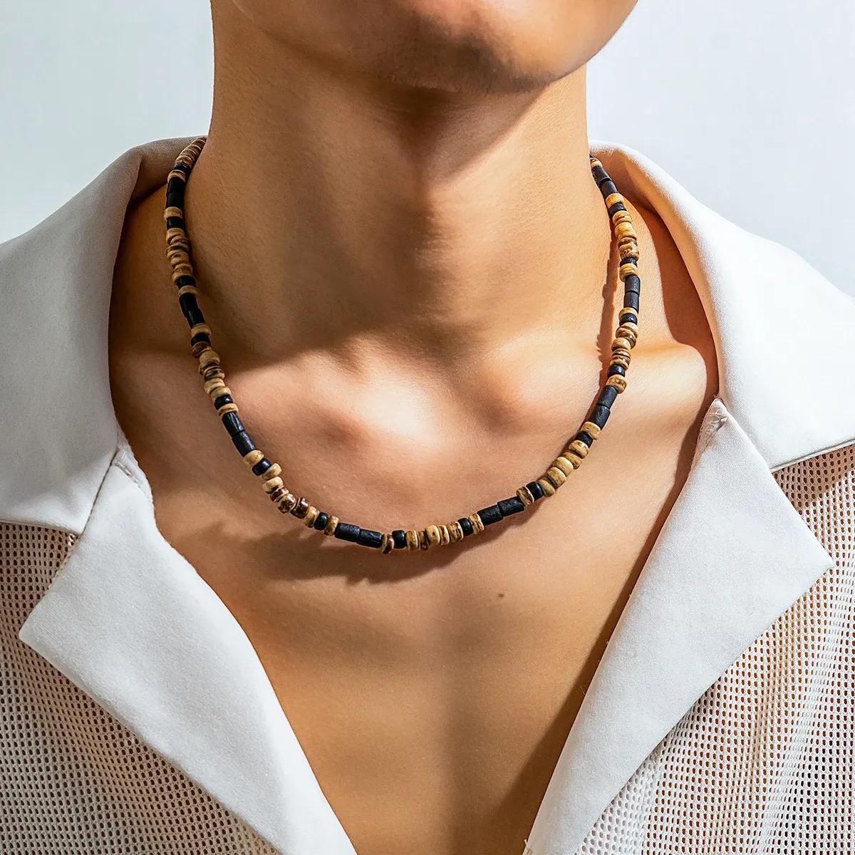 Kettingen bruine en zwart kleine kralen ketting ketting mannen trendy houten kralen korte choker ketting kraag op nek 2023 mode sieraden mannelijk