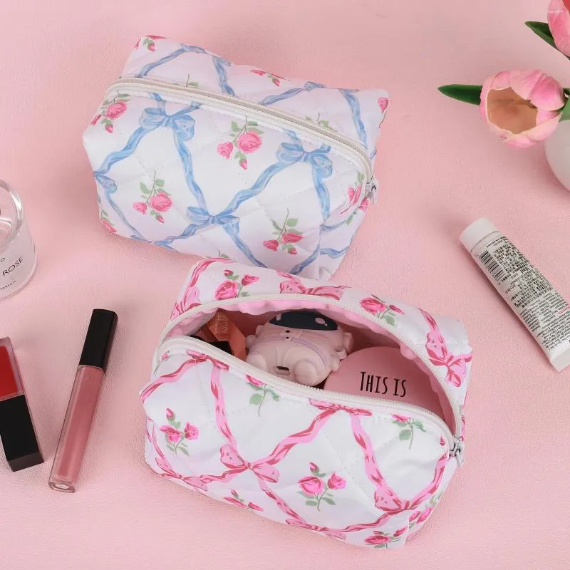 Cosmetic Bags Women's Aesthetic Bag Bow Rose Pattern Storage Ladies Polyester Cotton Travel Wash Clutch Skincare Makeup Pouch