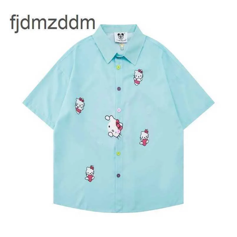 Projektantka mody męska i damska koszulka na plażę kardigan dopamina dziewczyna kreskówka druk kotek Kit Plager Cute Casual Short Sleved Shirt