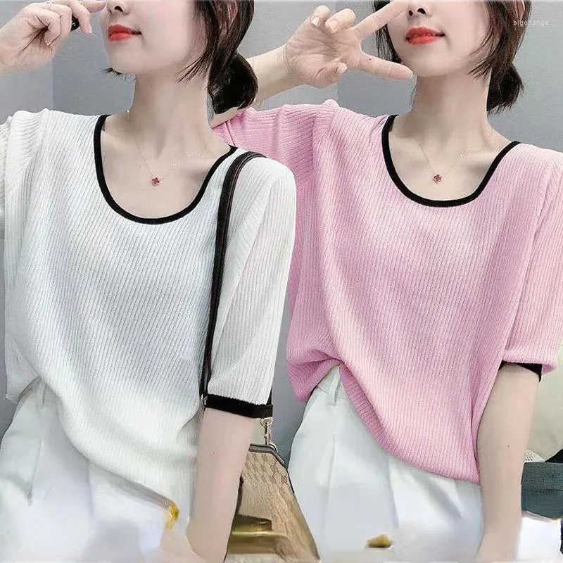 Women's T Shirts 2024 Women Summer Clothes Solid O Neck Short-sleeved Knitted Pullovers Fashion Casual Loose Thin Shirt For Female Tops P43