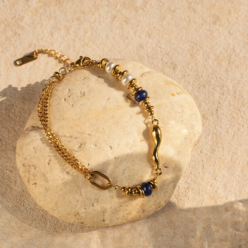 Strands Uworld Natural Lapis Stone Bracciale 18K PVD PVD Gold in acciaio inossidabile perle estetiche perle di perle di perle per le donne waterpr