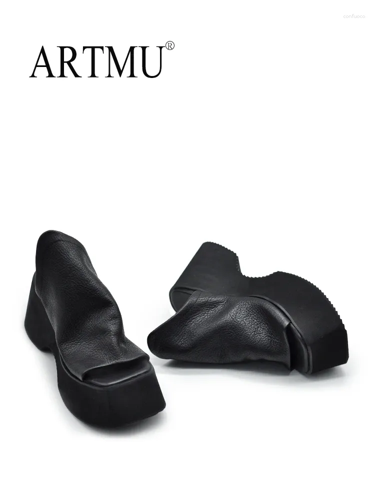Slippers Artmu épais semelles talons de coin femmes Véritable cuir en cuir en dehors des chaussures d'été plate-forme haute à la main noire