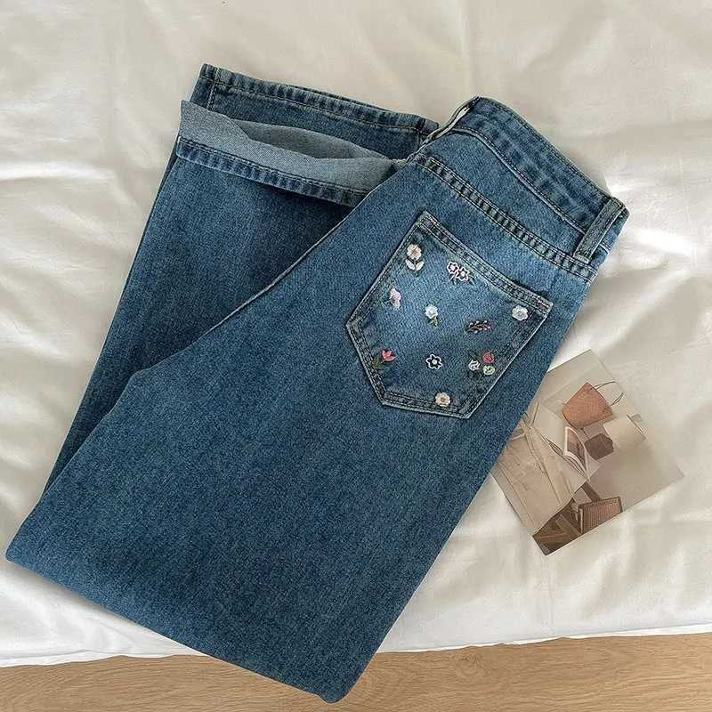 Dames jeans bloem borduurwerk vintage hoge taille jeans 2023 lente herfst nieuwe dames mode losse breedbeen rechte denim broek y240422