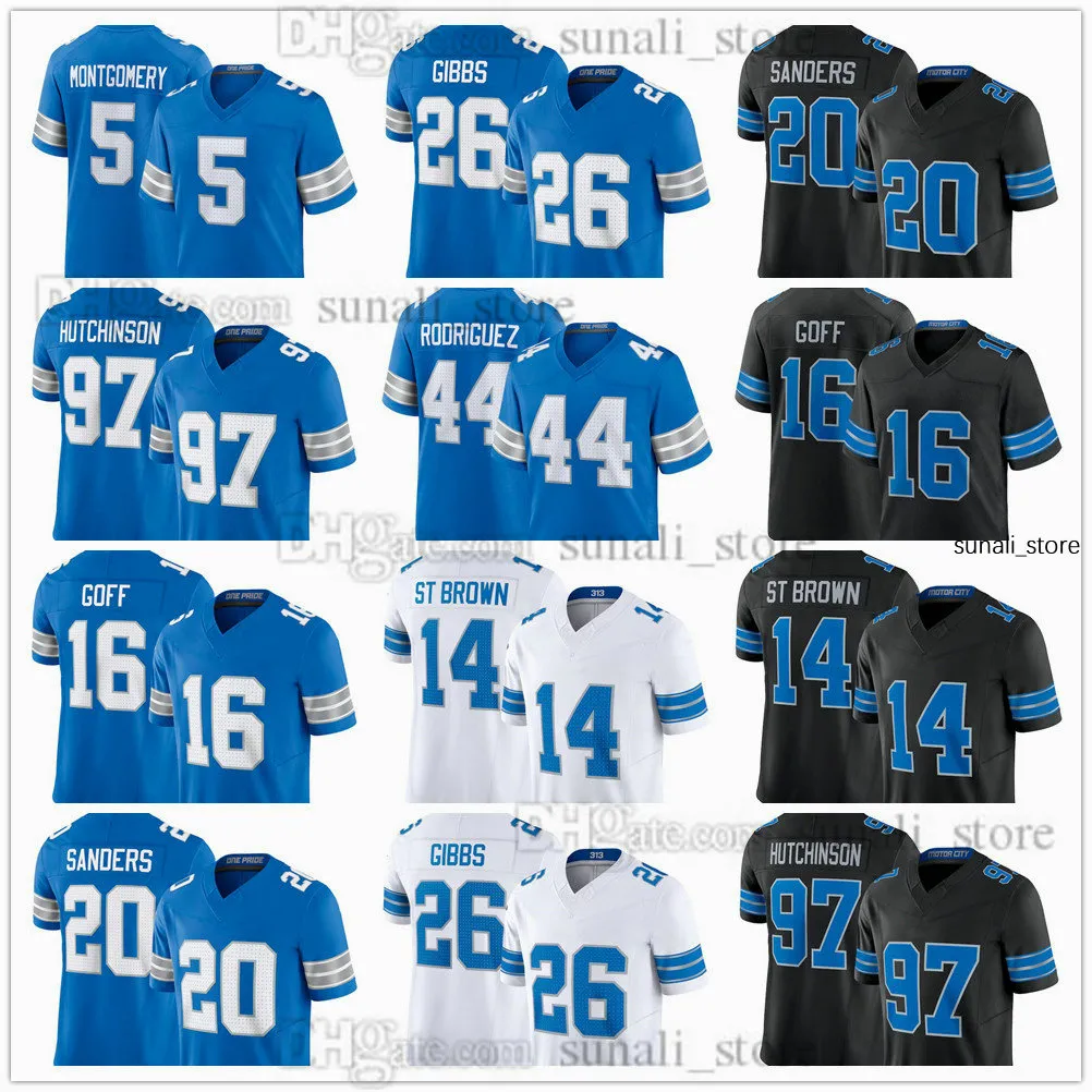 2024 New Football Jersey 97 Aidanhutchinson 20 Barry Sanders 16 Jared Goff 14 Amon-Ra St. Brown 26 Jahmyr Gibbs 44 Malcolm Rodriguez 5 David Montgomery Men's Women Youth Youth