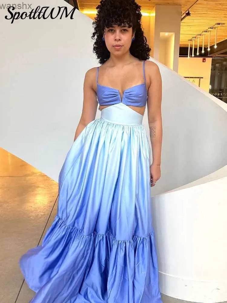 Basic Casual Dresses Sexy Low-cut Waist Hollow Out Backless Sling Dress Women Blue Gradient Patchwork Pleated Dresses 2024 Chic Evening Party VestidoL2404