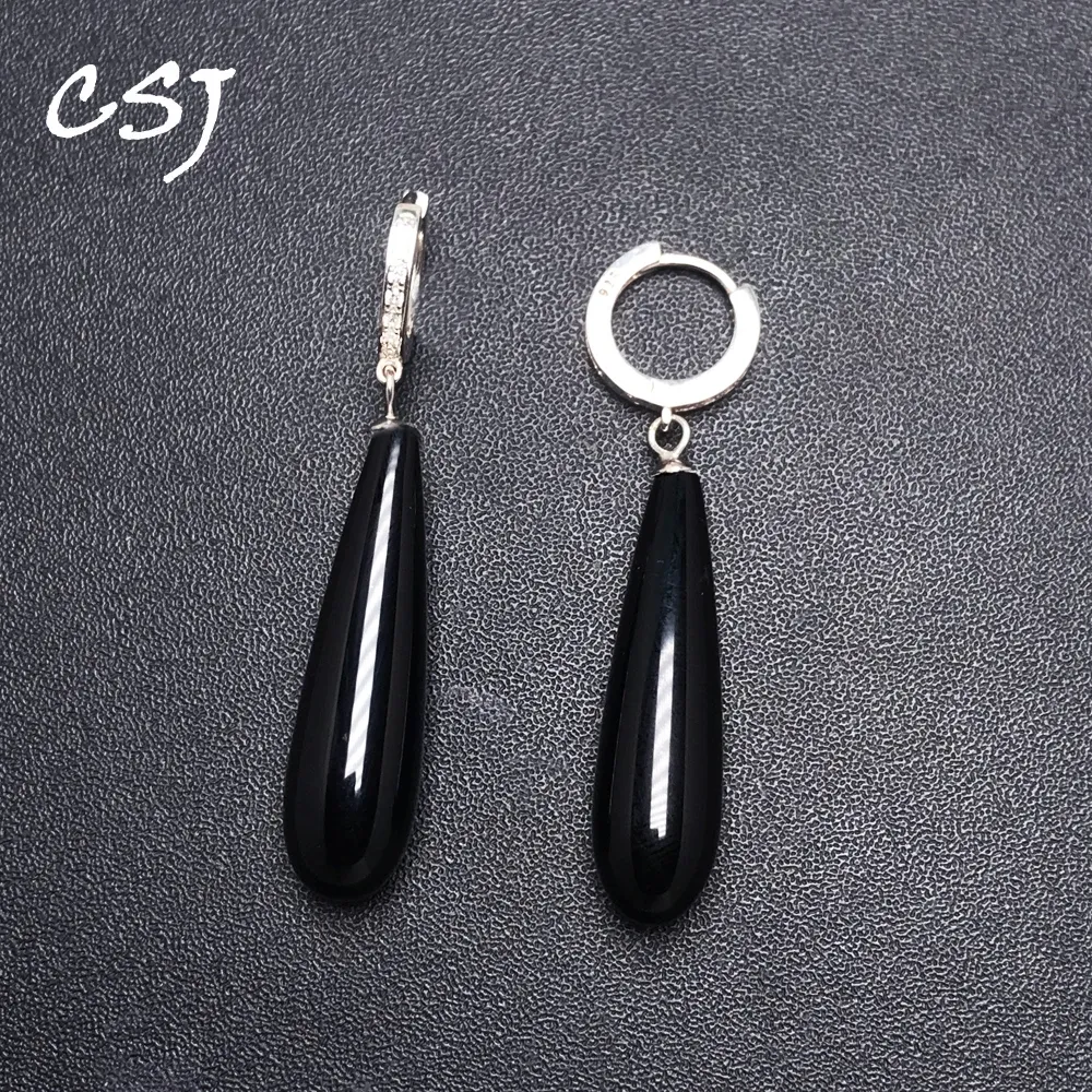 Boucles d'oreilles CSJ Long Stone 8 * 30 mm Natural Black Agate Oreille 925 Bijoux en pierre de chute d'eau en argent sterling pour les femmes Gift Birthday