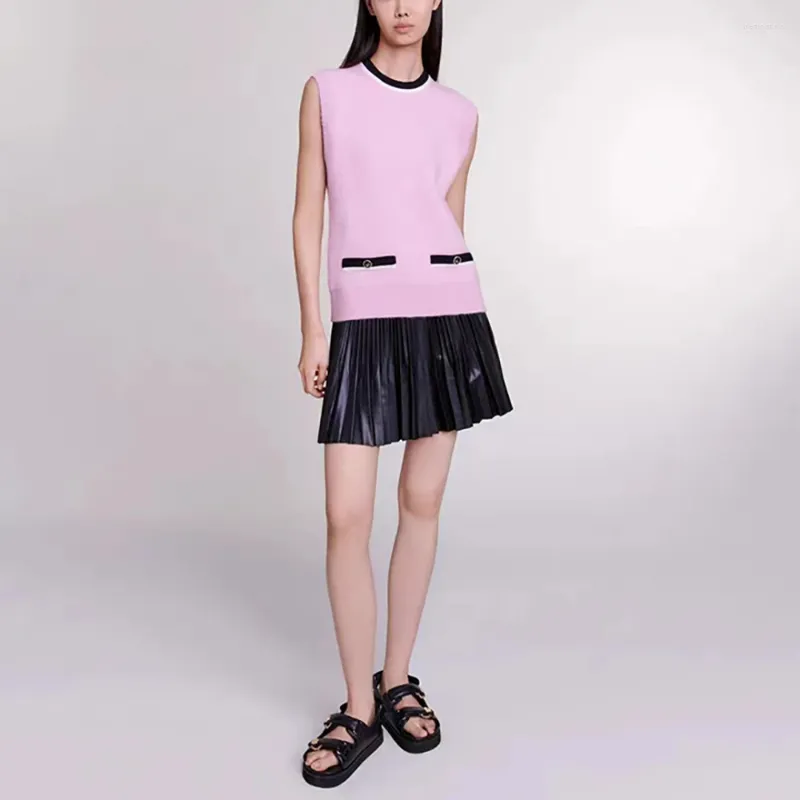 Women's Tanks Pink Fashion Ageing Round Neck Sleeveless Knit Tank Top Spring/Summer 2024 Clashing Side Stacked Peplum Vest