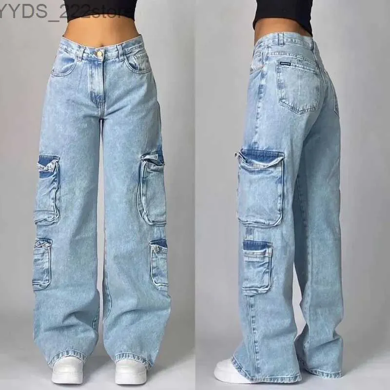 الجينز للسيدات الشارع USA جديد Wash Blue Pocket Jeans y2k Street Fashion Retro Punk High Phants Wide Wide for Men and Women YQ240423