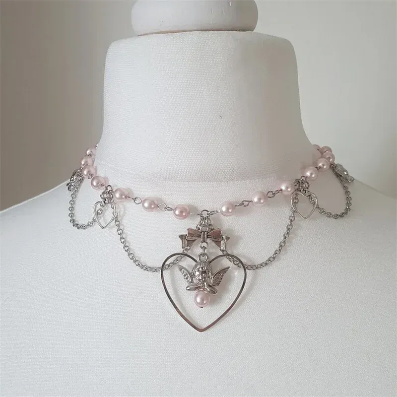 Necklaces Handmade Dainty Angelic Pink Pearl Beaded Chokers Featuring Hearts And Cherub Charms Y2K Indie Jewelry Pixie Fairy core Necklace