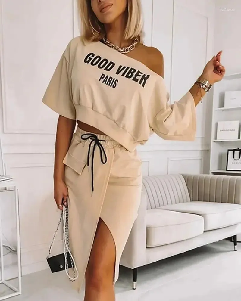 Werkjurken vrouwen tweedelig sets letter skew kraag korte mouw rok tops pullover shirt gesplitste rokken veter midi taille jurk herfst