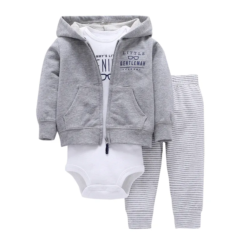 baby boy outfit long sleeve hooded coat gray+white bodysuit+pant stripe 2019 newborn clothes set new born infant clothing suit