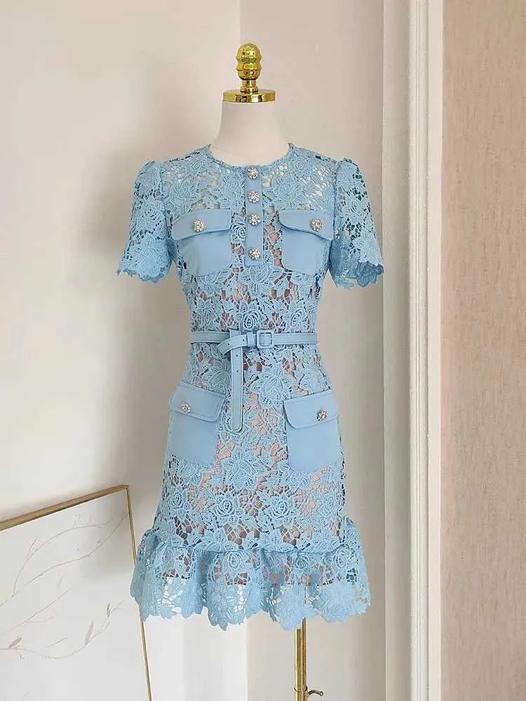Summer pale blue lace dress for Women with Button Waistband, Embroidery, Ruffled Vest - M241123