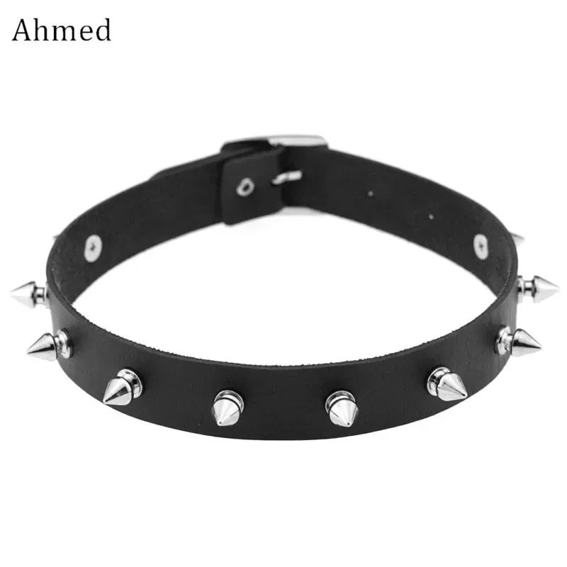 Colliers Ahmed Harajuku Spike Rivet Choker Bell Collar Femmes Pu Leather Goth Collier pour femmes Club de fête Chocker