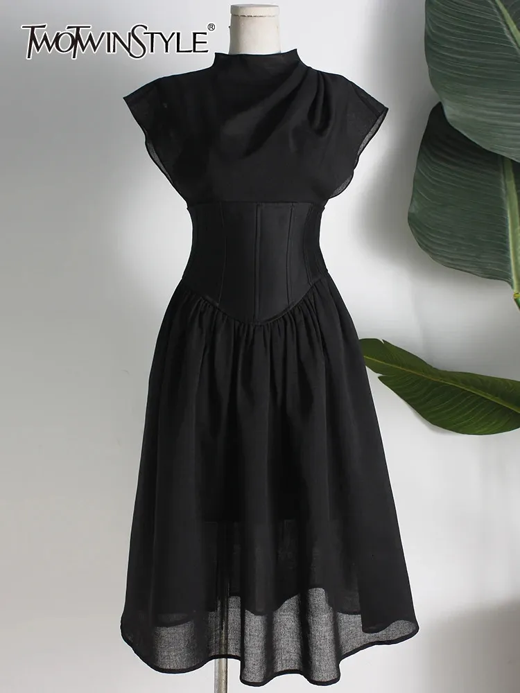 TwotWinstyle Sheer Ruched Slim Sukienka dla kobiet okrągła szyi krótki rękaw Zebrany talia Slim Midi Sukienki żeńskie styl mody 240410