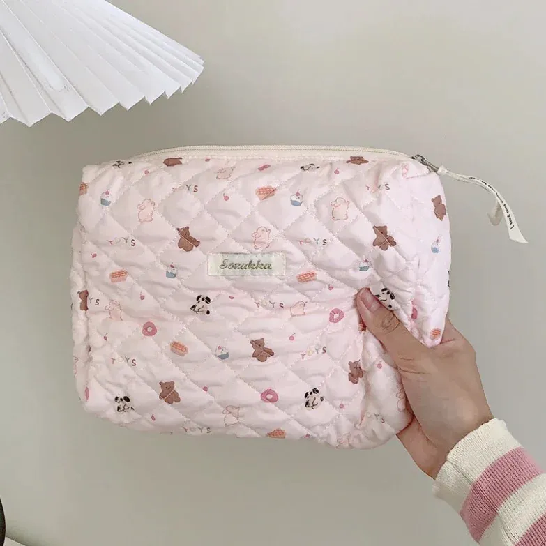 Śliczne różowe damskie torebka kosmetyczna makijaż kadra pikowana bawełniana torby do przechowywania przenośna torba do mycia torebki torebki mamusi 240422