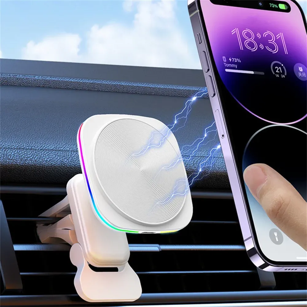 Chargers magnetische auto draadloze oplader RGB LED LICHT LICHT AIR VENT Mount Telefoonhouder MacSafe Fast Charge Station voor iPhone 14 13 12 Pro Max