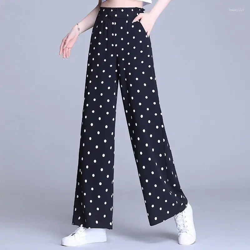 Women's Pants 2024 Summer Korean Commute Elastic High Waist Pocket Loose Straight Printed Polka Dot Casual Chiffon Wide Leg
