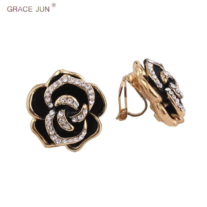 Ohrringe Grace Jun Vintage Gold Farbe Rose Blumenform Clip an Ohrringen kein durchbohrt für Frauen Wunderschöne Kissen Ohrringe brauchen kein Ohrloch