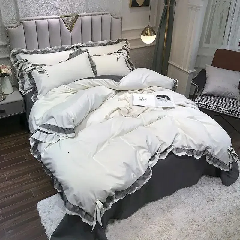 Conjunto de roupas de cama de cor sólida de borda de renda nórdica Conjunto de roupas de bónito de garotinha com folha de travesseiro Luxury Comfort