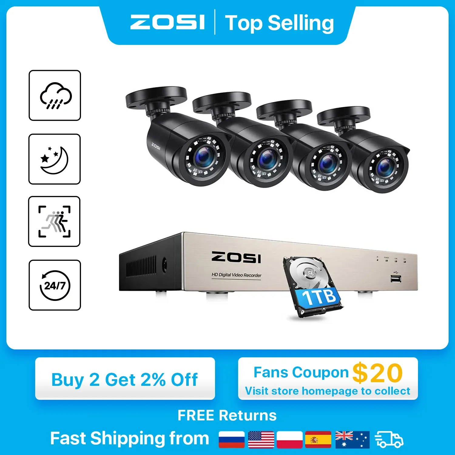 Lens ZOSI 8CH 1080P CCTV System Outdoor 5MP Lite Video DVR with 2/4/6/8pcs 2MP Security Camera Day/Night Video Surveillance System