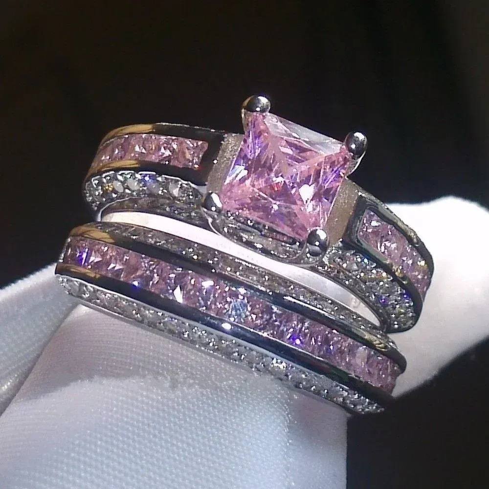 Bande squisite anelli vintage in lega set principessa color rosa blu di cristallo bianco gioielli di compleanno anelli per le donne