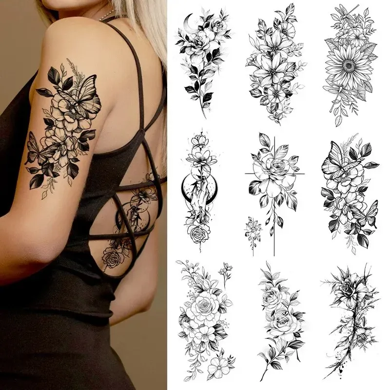 Tattoos 15pcs Suhua Tattoo Sticker Realistic Waterproof Sketch Flower Tattoo Sticker Paper Rose Flower Snake Flower Black and White