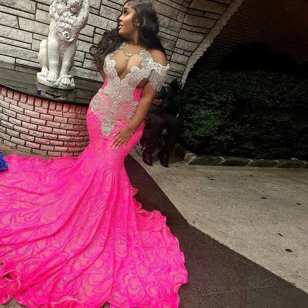 Sparkly Hot Pink Prom Dress for Women 2024 Sequin Rhinestone Mermaid Party Dresses Black Girls Robe Soiree Femme BC18687