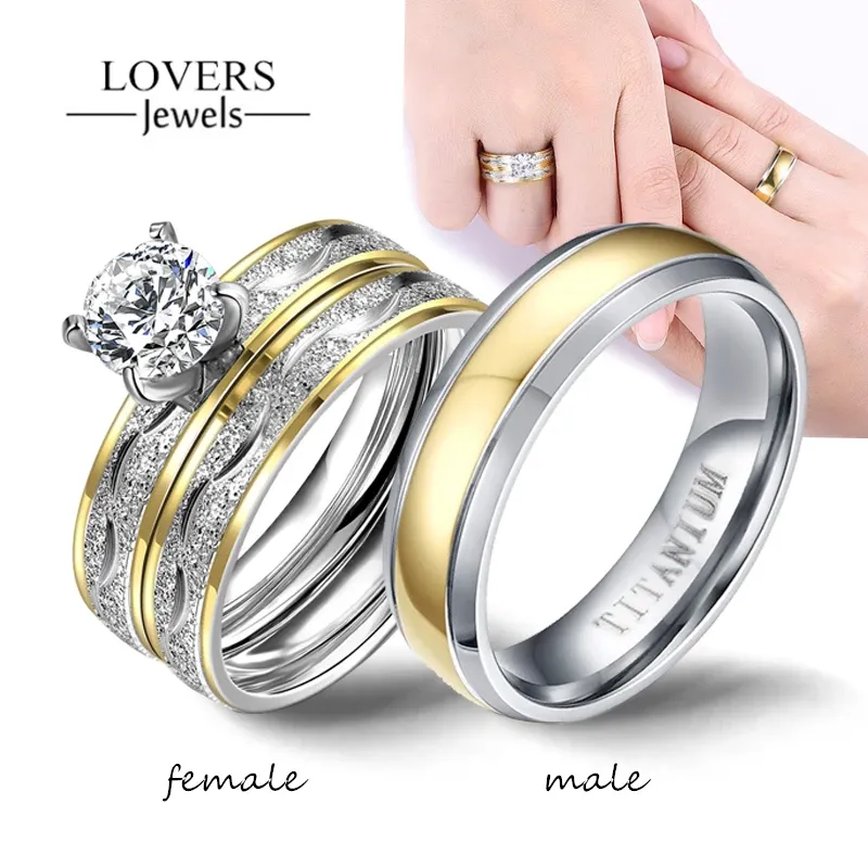 Band parringar utsökta kvinnor strass zirkonia ringar set enkla män rostfritt stål ring bröllop smycken gåvor för älskare