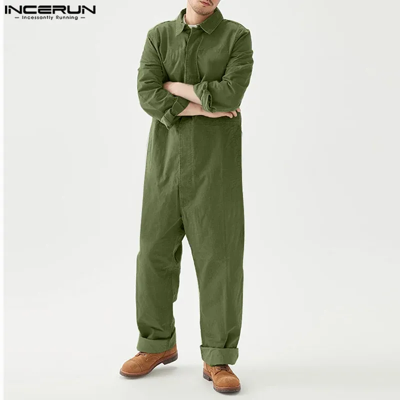 Sweaters Incerun Men Jumpsuits Solid Color Lapel Long Sleeve Streetwear Loose Casual Rompers 2023 Button Vintage Men Cargo Overalls S5xl