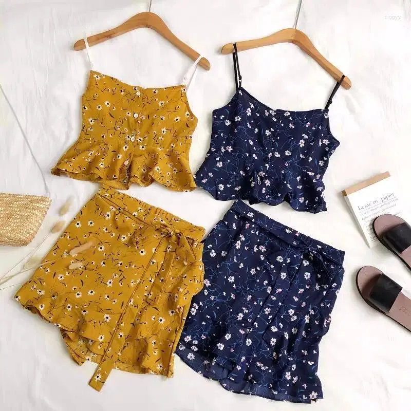 Women's Tracksuits Summer Style Hanging Strap Ruffle Edge Short Top Irregular Fragmented Flower Trouser Skirt Two Piece Set For Women