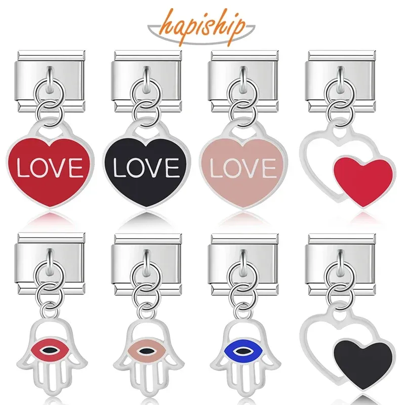 Strängar hapiship 2024 Fashion Sweet Color Heart Love Palm Charm Links Fit 9mm rostfritt stålarmband DIY Making Women Jewelry DJ420