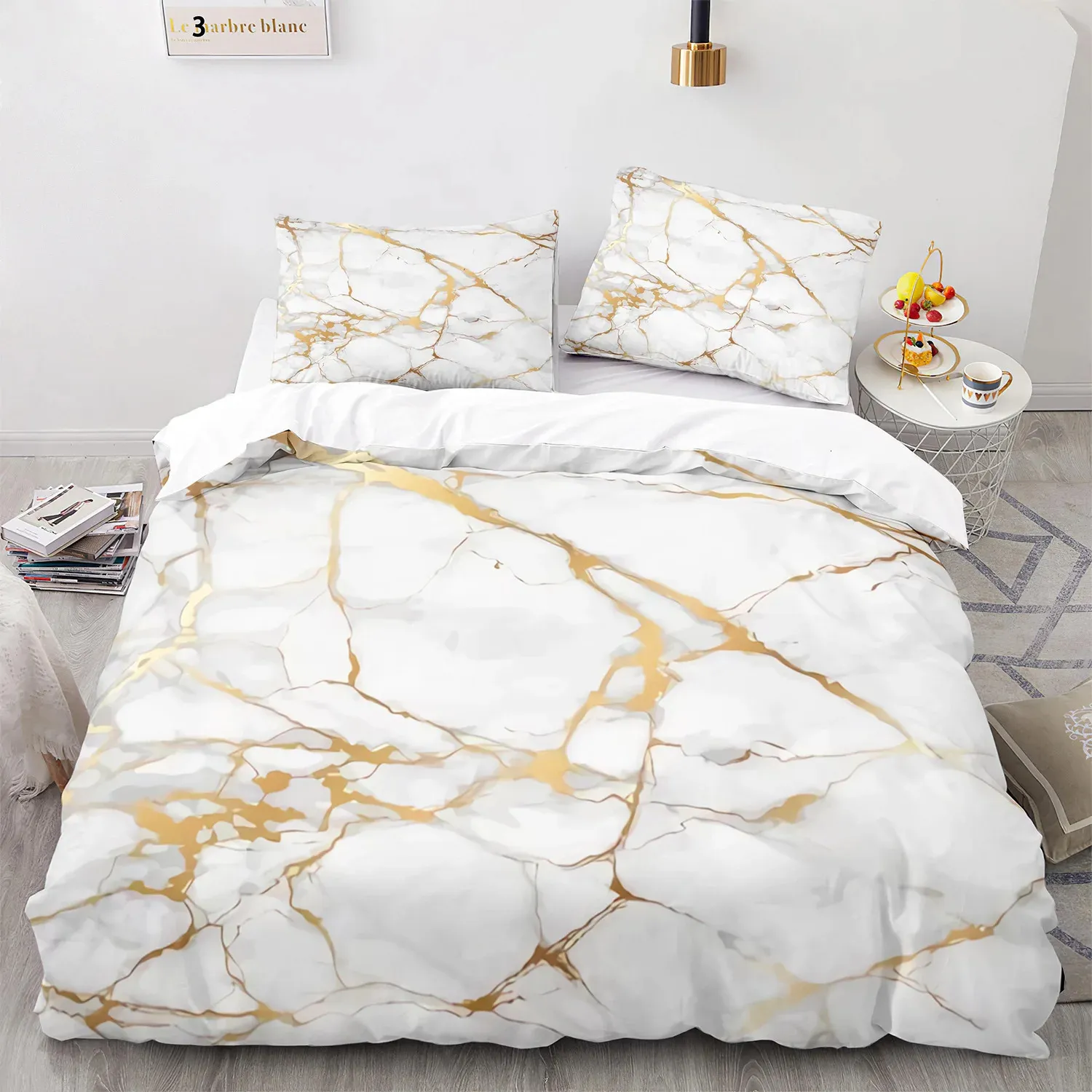 Set di coperture per piumone in marmo Kingqueen size oro bianco astratto set di biancheria da letto stampato in marmo set di biancheria da letto astratto Cover trapunta in poliestere 240416