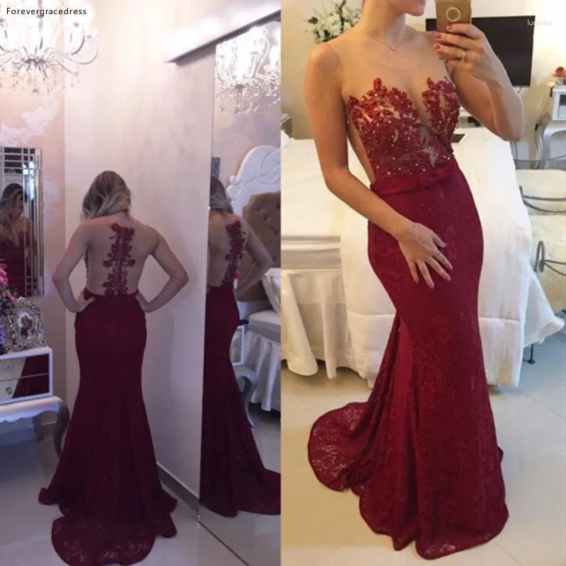 Robes de fête robe de bal sirène robe sans manche en dentelle rouge bordeaux