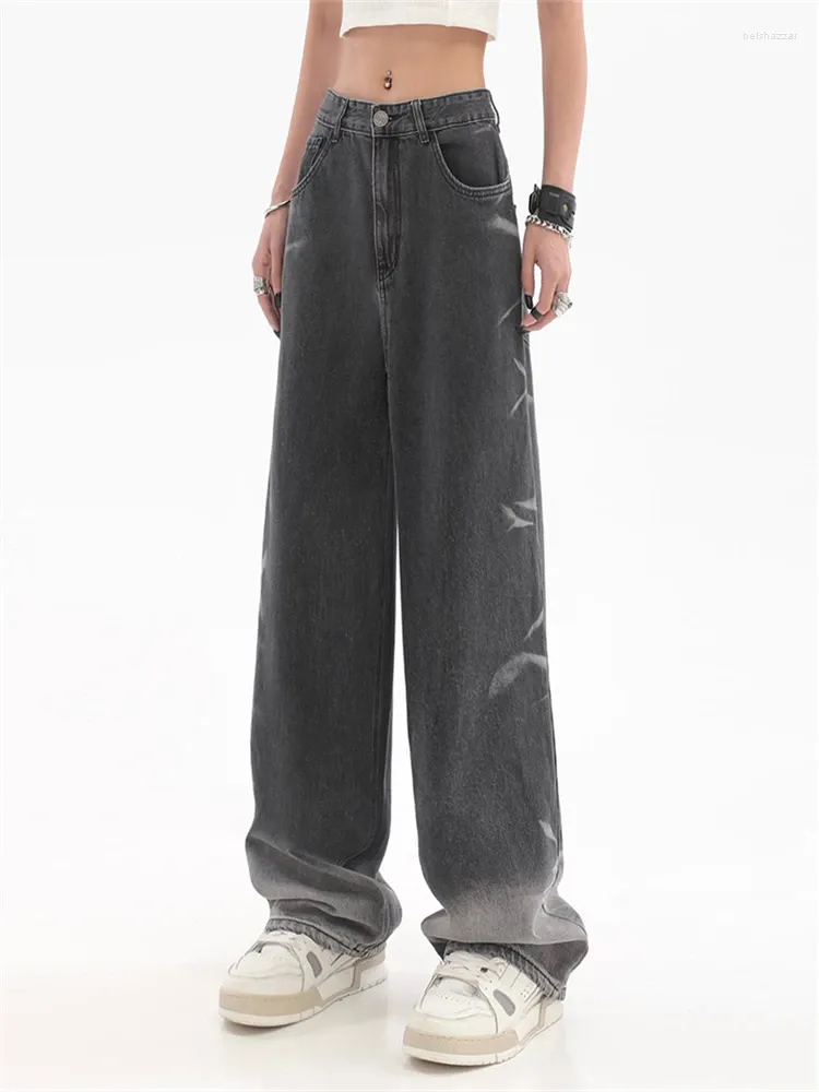 Women's Jeans Vintage High Waist Women Black Grey Tie Dye Print Korean Fashion Streetwear Wide Leg Female Denim Trouser Baggy Pant