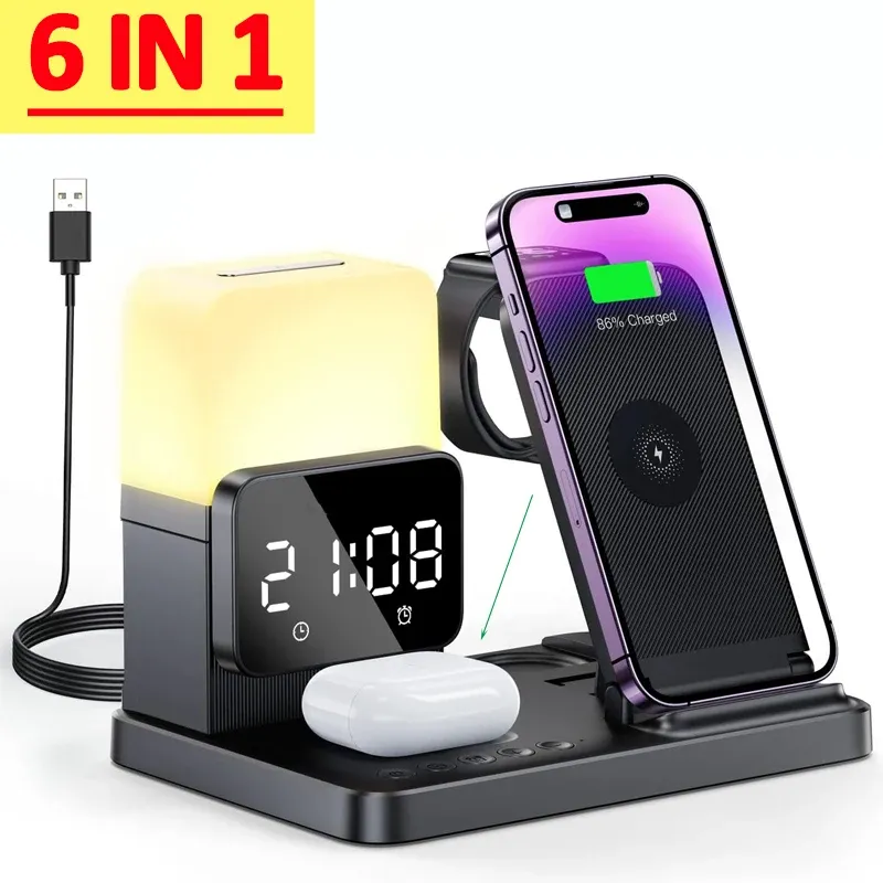 Laddare 6 i 1 vikbar lampa trådlös laddare pad stativ väckarklocka för iPhone 14 13 12 11 X XR Airpods Pro Fast Charging Dock Station