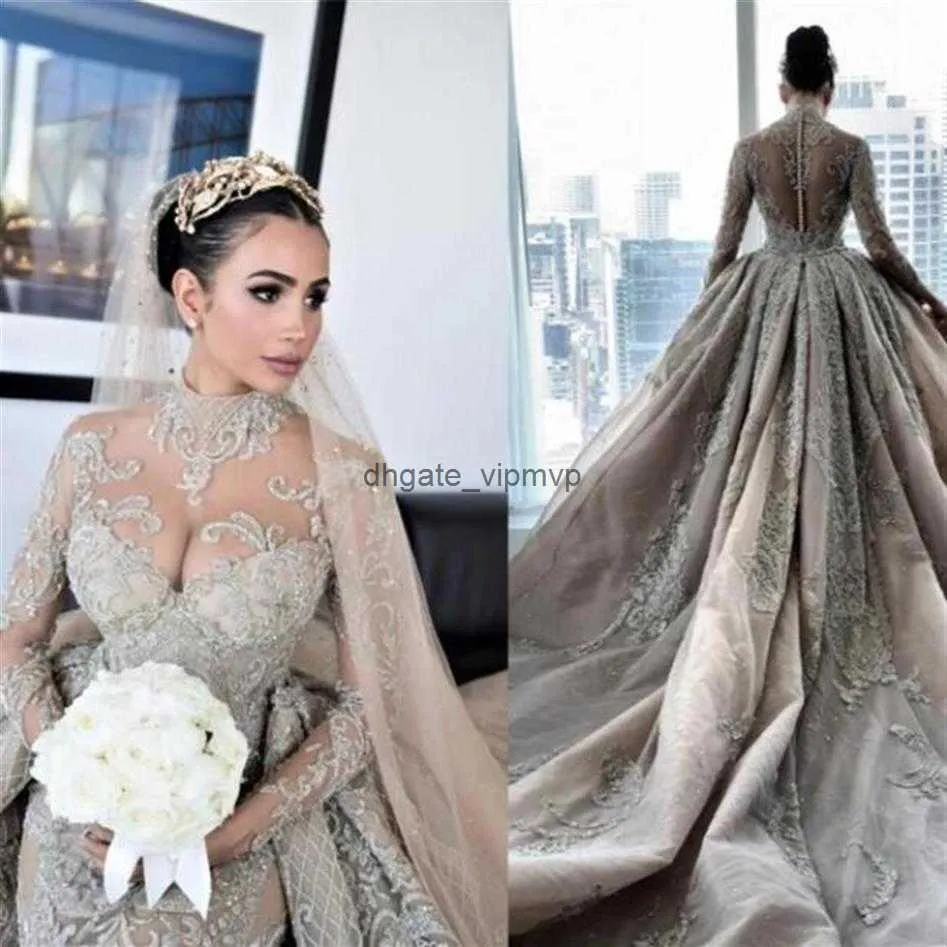 2020 Luxury Crystal Pärled sjöjungfru bröllopsklänningar med avtagbart tåg Sexig höghals Långa ärmar Arabiska Mulslim Bridal Gown2687