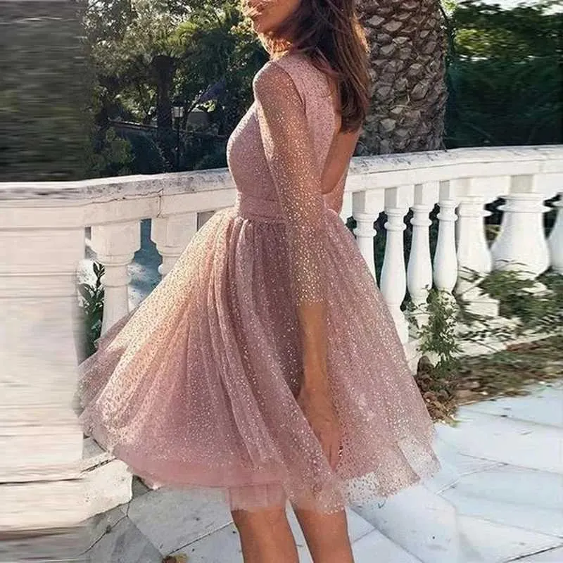 High-Waisted Lace Shimmer Dresses for Party for Women - Spring Hollow Backless O-Neck A-Line Mini Dress with Sexy Summer Style (M241123)
